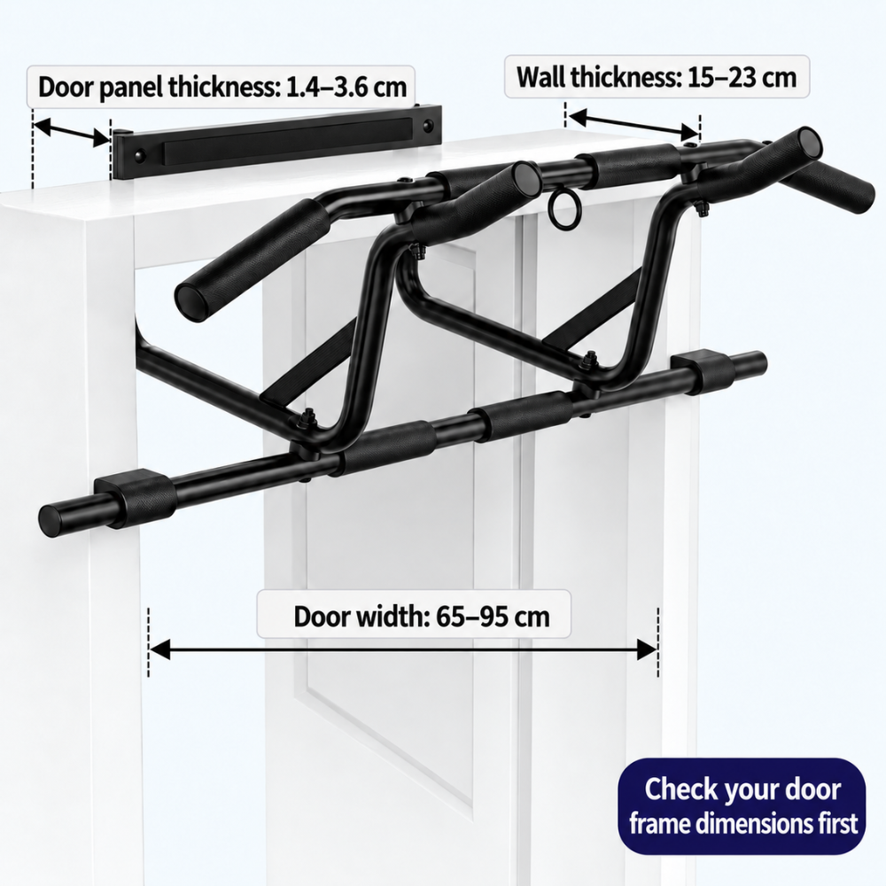 Plano de medidas: ancho de puerta 65-95 cm, grosor de pared 15-23 cm, profundidad del panel de la puerta 1,4-3,6 cm